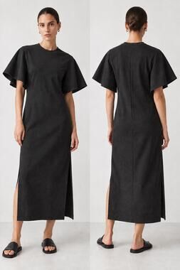 Avant Garde 90s Minimalist Cape Sleeve Column Midi Dress Side Slit COS Black S